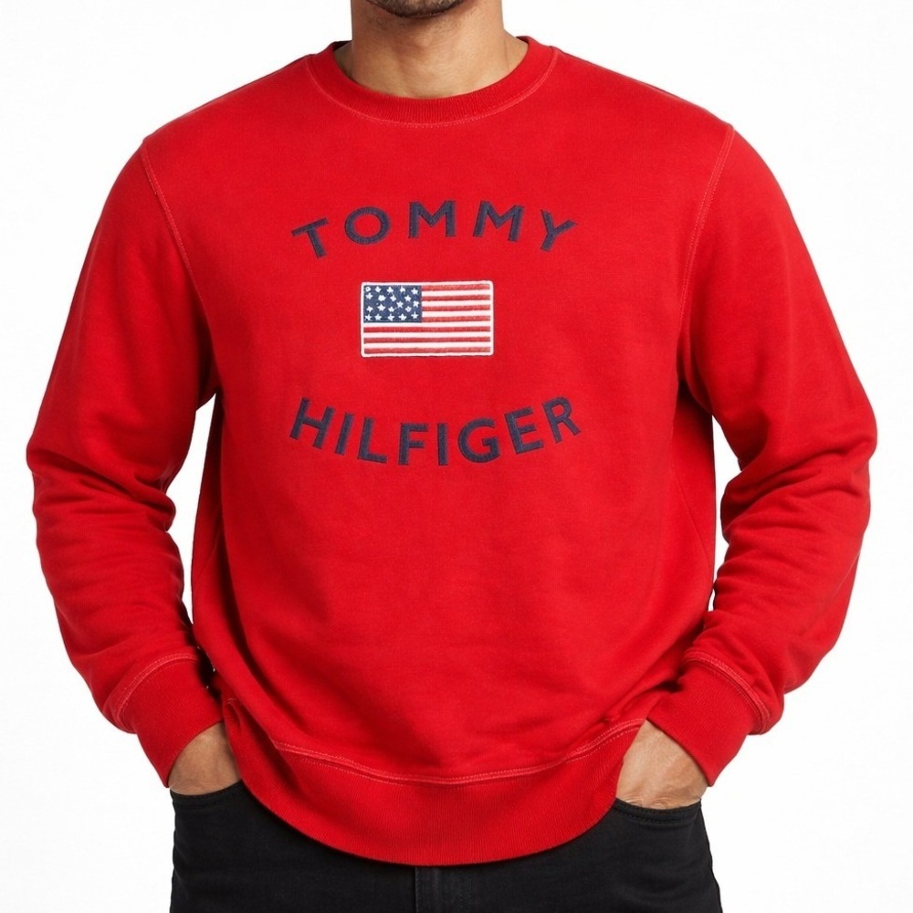 Tommy Hilfiger Mens Large Red Sweatshirt American Flag Logo Crew Neck Cotton